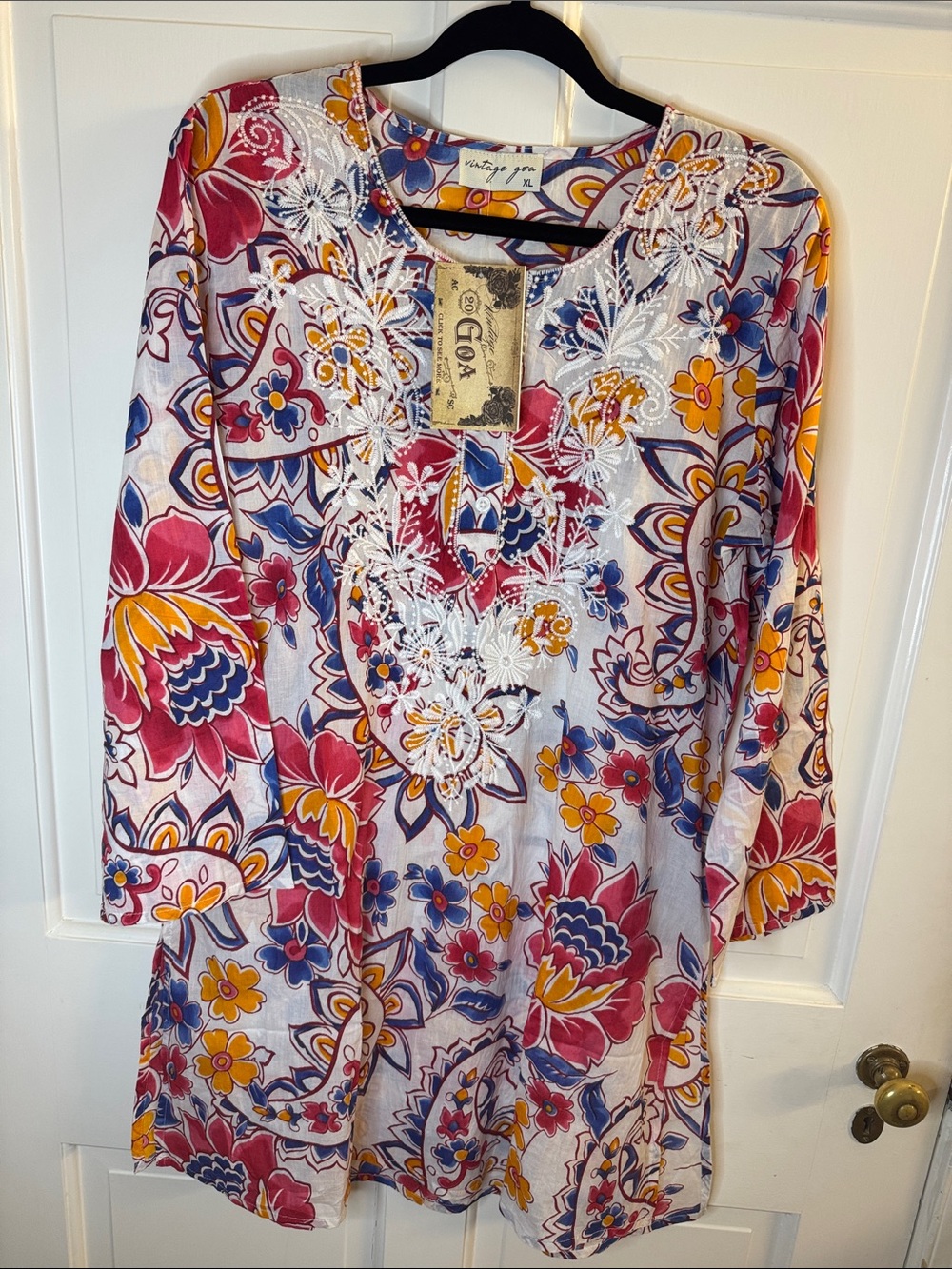 Vintage Goa Embroidered Floral Top in Pink, Yellow & Blue XL